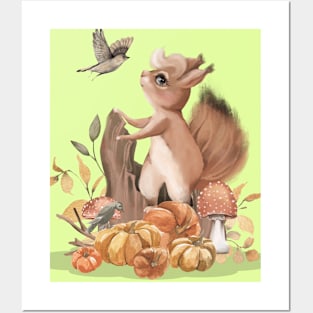 Cute squirrel talk to a bird Posters and Art